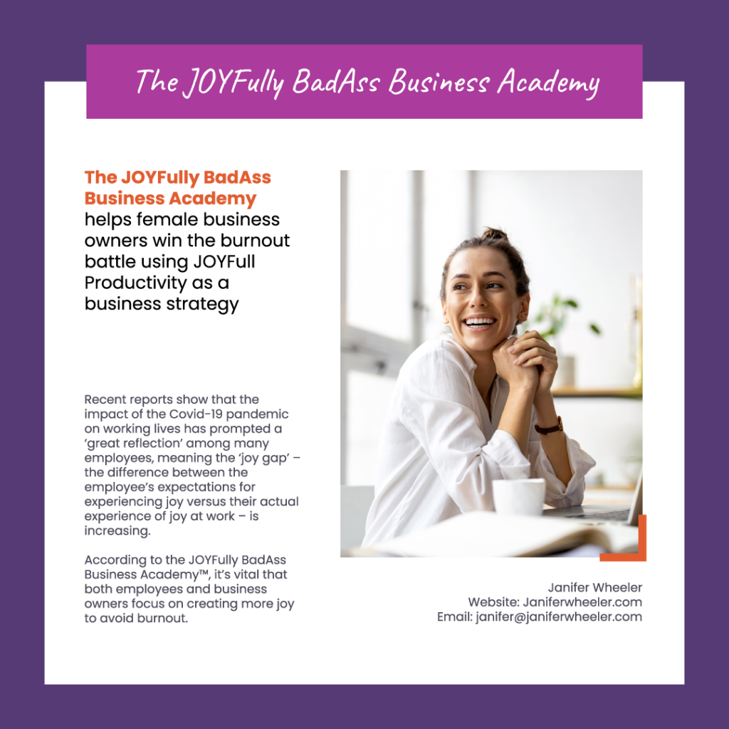 The JOYFully BadAss Business Academy(TM) is Helping Female Business Owners to Create More Joy in Life & Business Read more: https://www.digitaljournal.com/pr/the-joyfully-badass-business-academytm-is-helping-female-business-owners-to-create-more-joy-in-life-business#ixzz7ekTdwHkq